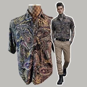 Vtg Goouch Mens Short Sleeve Shirt Medium Butterfly Paisley Print Button Up 80s